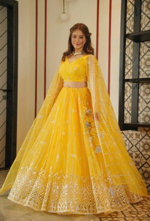 Red & Yellow Colored Butterfly Net With Embroidery Sequence Work Lehenga Choli